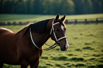 Obraz premium A brown horse standing in a lush green field with some grass and possibly some trees or other landscape features in the background