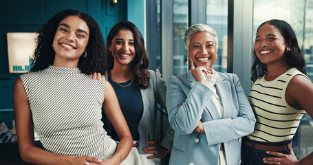 Group, finance or portrait of women in business with graphs, forecasting or accounting charts....