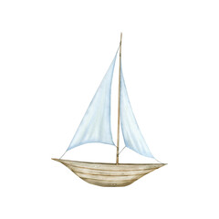 Watercolor wooden ship with sail. Children's illustration.