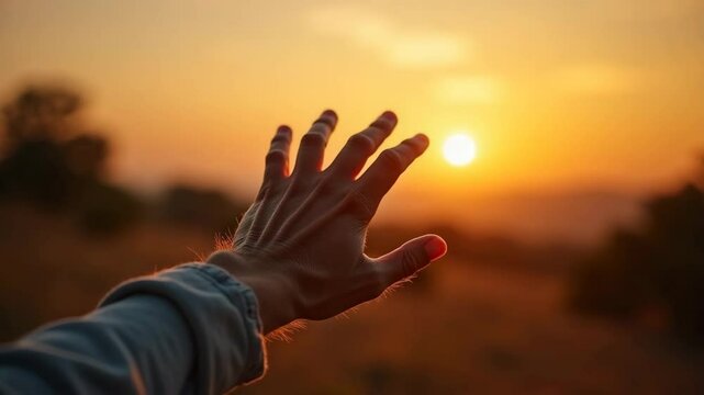 Outstretched hand reaching toward setting sun on a warm evening  