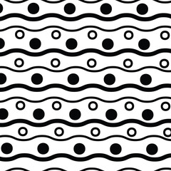  Minimalist seamless black and white pattern with wavy horizontal lines and alternating filled and outlined dots, ideal for textiles, prints, and digital backgrounds.