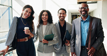 Portrait, group and business people in office, teamwork and diversity with confidence, finance...