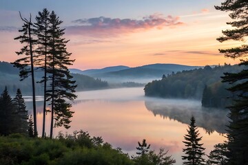 Obraz premium Serene Sunrise over Misty Mountain Lake with Silhouetted Pine Trees