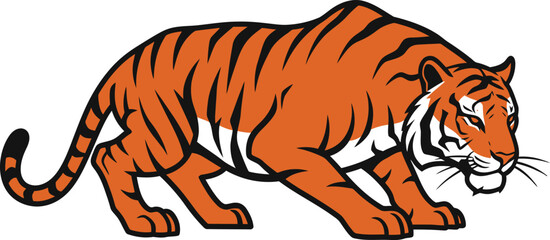 Illustration of Minimalist vector design of a tiger crouching, by a world-class graphic designer. no text, minimalist, abstract, clean white background