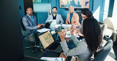Meeting, laptop and business people in office for financial consulting, budget review and...