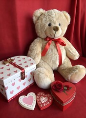 Adorable Beige Teddy Bear with Heart Shaped Boxes and Decorations for Valentines Day