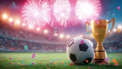 Exciting soccer championship celebration with trophy and fireworks in vibrant stadium atmosphere