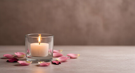 candle,  lit candle,  burning candle, Lit Candle with Rose Petals on Neutral Background