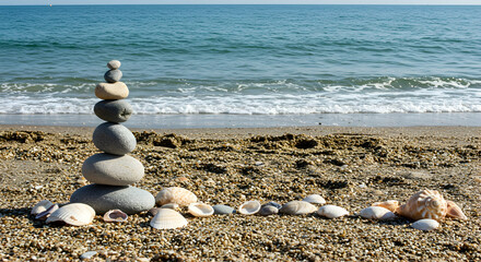 beach,  ocean,  sea, Balanced Stones and Seashells on Sandy Beach with Ocean Background