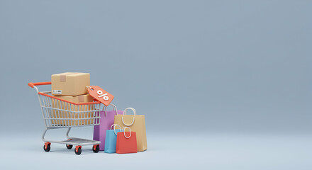 shopping cart,  shopping bags,  cardboard boxes, Shopping Cart with Boxes and Shopping Bags, Discount Offer