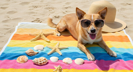 dog,  puppy,  canine, Dog on Beach Towel Wearing Sunglasses