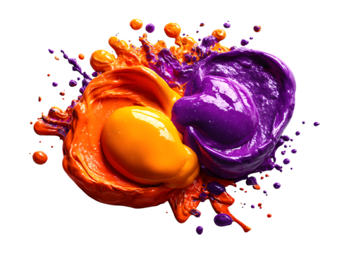 Bright orange and purple paint blobs mixing on a palette, isolated to transparent background