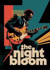 Retro music poster with black man playing guitar. Vector art illustration