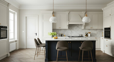 kitchen,  interior,  design, Elegant Modern Kitchen Interior Design with Dark Blue Island and Gold Accents