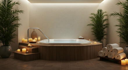 spa,  hot tub,  jacuzzi, Luxurious Spa Hot Tub with Candles and Plants