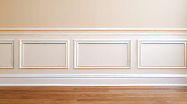 Interior wall detail featuring decorative wainscoting and a warm beige color palette, complemented by a polished hardwood floor and natural light.