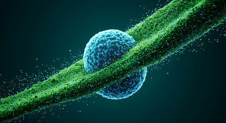 abstract,  cellular,  structure, Abstract Cellular Structure Green and Blue Spheres Connected by Particles