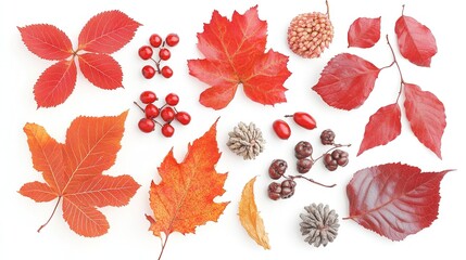 Obraz premium Autumn Arrangement of Dried Leaves and Rowan Berries, Symbolizing Nature's Seasonal Transition 