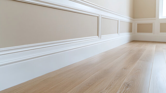 Interior room featuring wood flooring and decorative white wall trim. The space is bright and appears to be newly renovated or well-maintained.