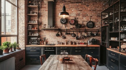 A stylish modern kitchen featuring exposed brick walls. a rustic wooden dining table. and sleek black cabinetry. with greenery and kitchenware enhancing the cozy atmosphere