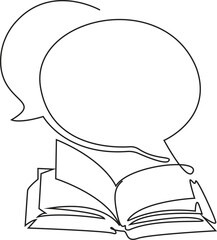 Continuous one line drawing of open book and speech bubble. Trendy line art, Vector illustration, editable stroke.