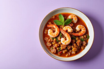 Tempting Shrimp Gumbo in Botanical Brunch Corner: Clean Food Photography with Moody Low Key Radiance and Spacious Layout