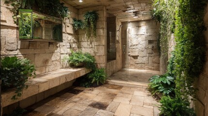 Fototapeta premium Luxurious stone bathroom with lush greenery