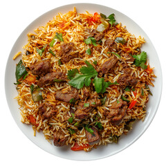 Delicious Beef biryani with spices in plate top view. Mutton biryani top view isolated on white background. biryani plate png.
