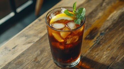 A refreshing cocktail with mint and lemon slices served in a clear glass on a wooden table. surrounded by lush greenery and soft sunlight filtering through a window