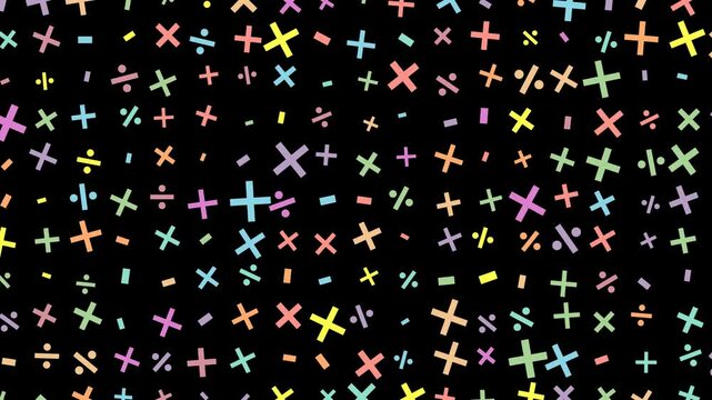 colorful rotating mathematical symbols (+, −, ×, ÷) arranged in a dynamic grid. Each symbol pulses and rotates independently, creating a visually engaging and energetic background. 