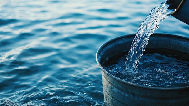 A bucket pouring water into the ocean under a bright blue sky. capturing the serene moment of nature and outdoor activities. ideal for relaxation and summer themes