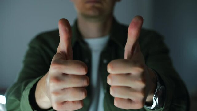 Hand gesture like.
A satisfied person shows that everything is fine and lifts the big dance up.
Excellent, perfect, approved, hand, thumb