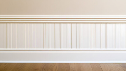 Wall decor with wainscoting paneling, baseboards, and light brown color on top of the wall. The floor is hardwood.