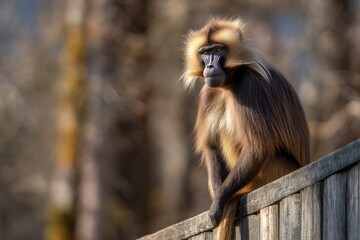 Obraz premium Gelada Baboon on Fence: Serene Wildlife Portrait