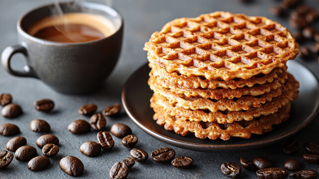 Delicious Dutch stroopwafels stacked on plate beside cup of coffee, creating warm and inviting atmosphere for cozy snack