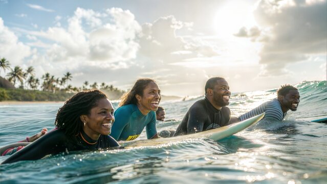 A group of diverse people enjoying surfing together in the ocean