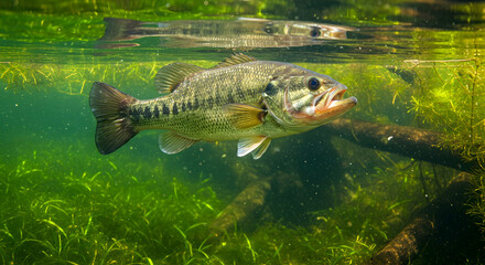 Obraz premium largemouth bass, micropterus salmoides, fish, Largemouth Bass Underwater in Green Aquatic Plants