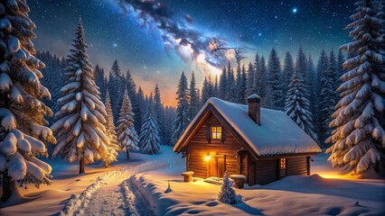 Fototapeta premium Secluded Wooden Cabin in a Snowy Winter Forest Under a Starry Night Sky