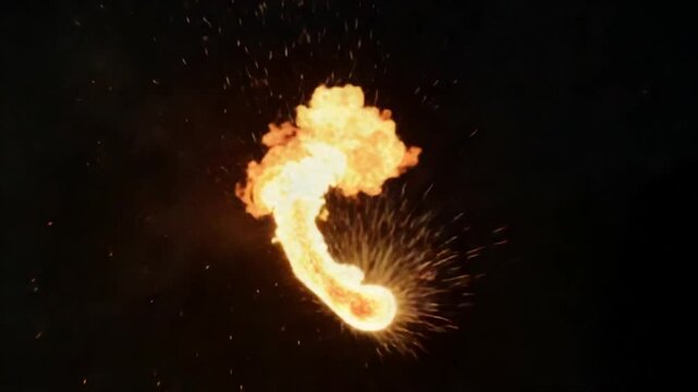 The night fire glows and spins in the wind, emitting sparks.