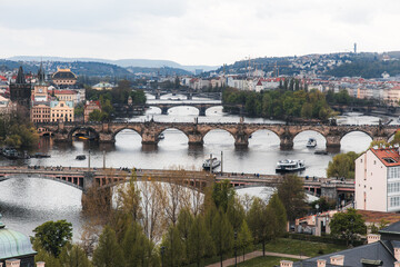 panorama of prague river and bridges