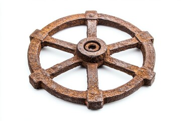 Obraz premium Close-up of ancient mechanical wheel with rust, cut out, isolated white background