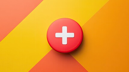Obraz premium A vibrant. minimalist representation of a red circular button with a white cross. set against a split yellow and orange background. ideal for health and wellness themes