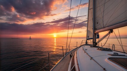 Sunset view from sailboat deck during open sea cruise