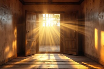 Wooden Door Open with Sunlight Streaming, Warm Interior and Golden Hour Glow