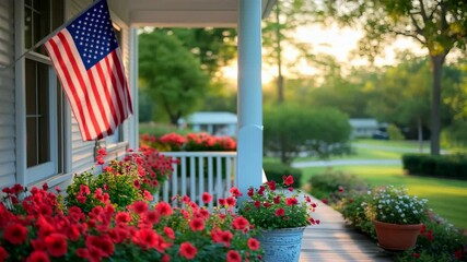 American flag on sunny porch with red flowers at sunset. Patriotism, home, Americana. Summer evening, traditional values, community. Ideal for Memorial Day, national holidays, real estate.