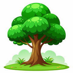 Lush Green Tree Illustration: A vibrant illustration of a cartoonish tree with a thick trunk and full, round green leaves, standing on a small hill with grass.