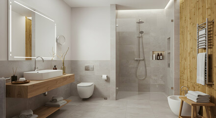 bathroom,  modern,  minimalist, Modern minimalist bathroom with bamboo wall and walk-in shower