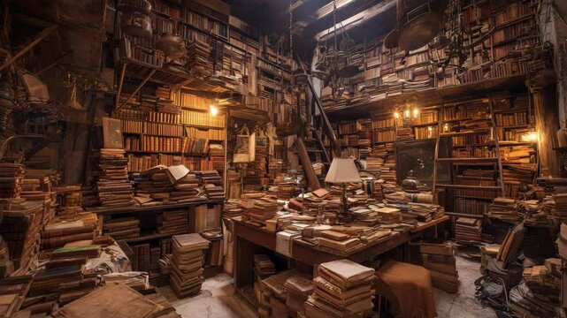 Ancient library filled with books and artifacts.