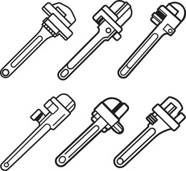 set of industrial pipe wrench line art, black outline, vector and illustration, coloring book page line art drawing