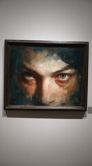 Close-up painting of a person's face, showcasing intense expression.